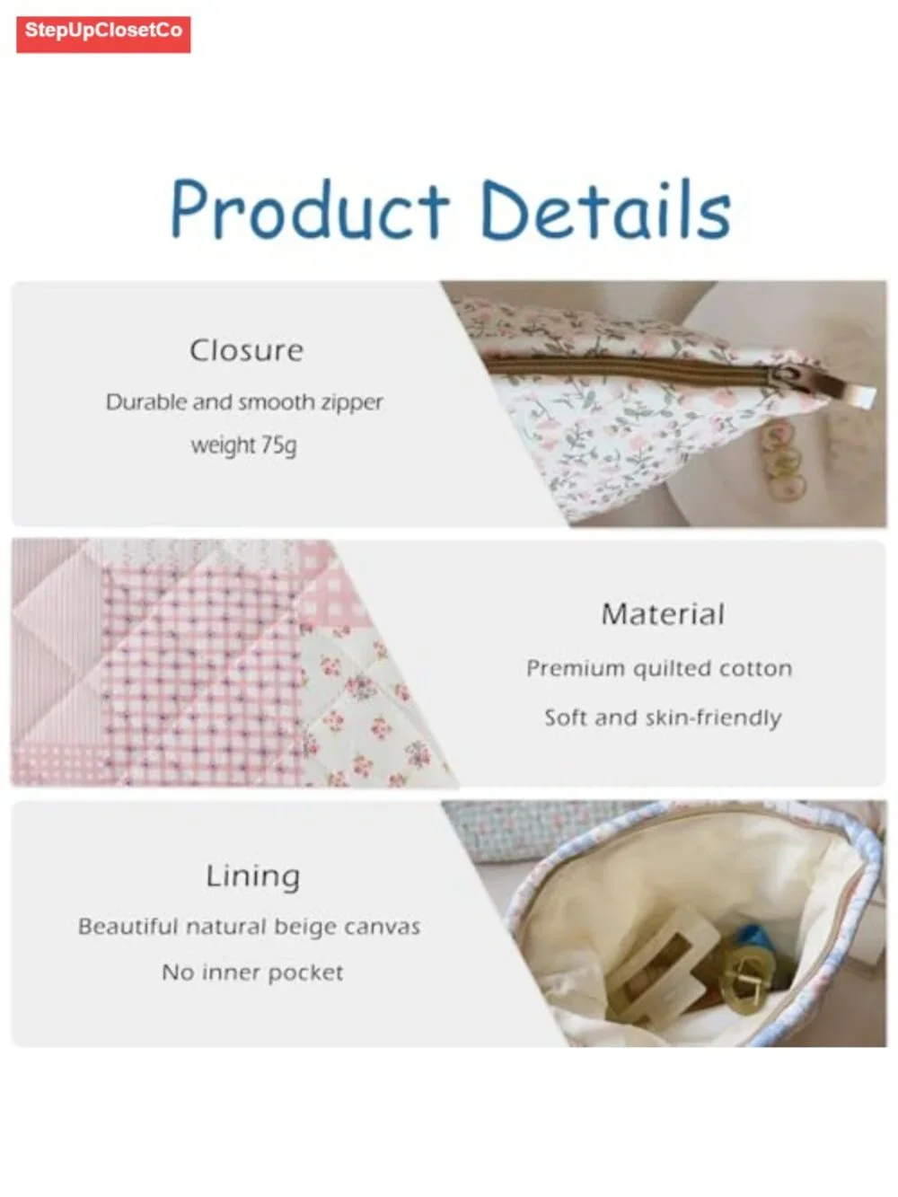 Quilted Cotton Makeup Bag Floral Cosmetic Pouch Travel Toiletry Organizer for